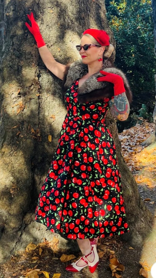 off the shoulder cherry dress Chlo Puff Sleeve Midi Dress - Cherry Print