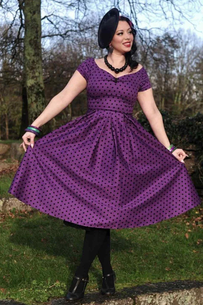 purple spot dress Purple And White Polka Dot Dress With Sleeves