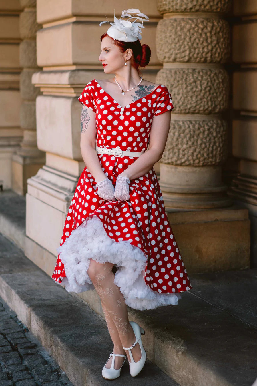 off the shoulder red polka dot dress Lily Retro Off Shoulder Red Polka Dot Swing Dress