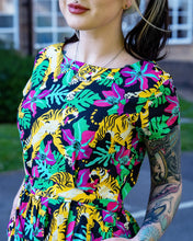 Load image into Gallery viewer, Black Tiger Lily Stretch Belted Tea Dress with Pockets
