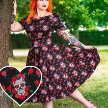Load image into Gallery viewer, Rockabilly Skulls &amp; Roses Darlene Swing Dress