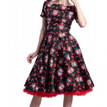 Load image into Gallery viewer, Rockabilly Skulls &amp; Roses Darlene Swing Dress